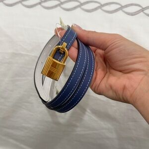 Hermes Blue White Reversible Thin Belt with Gold Lock Accent 80